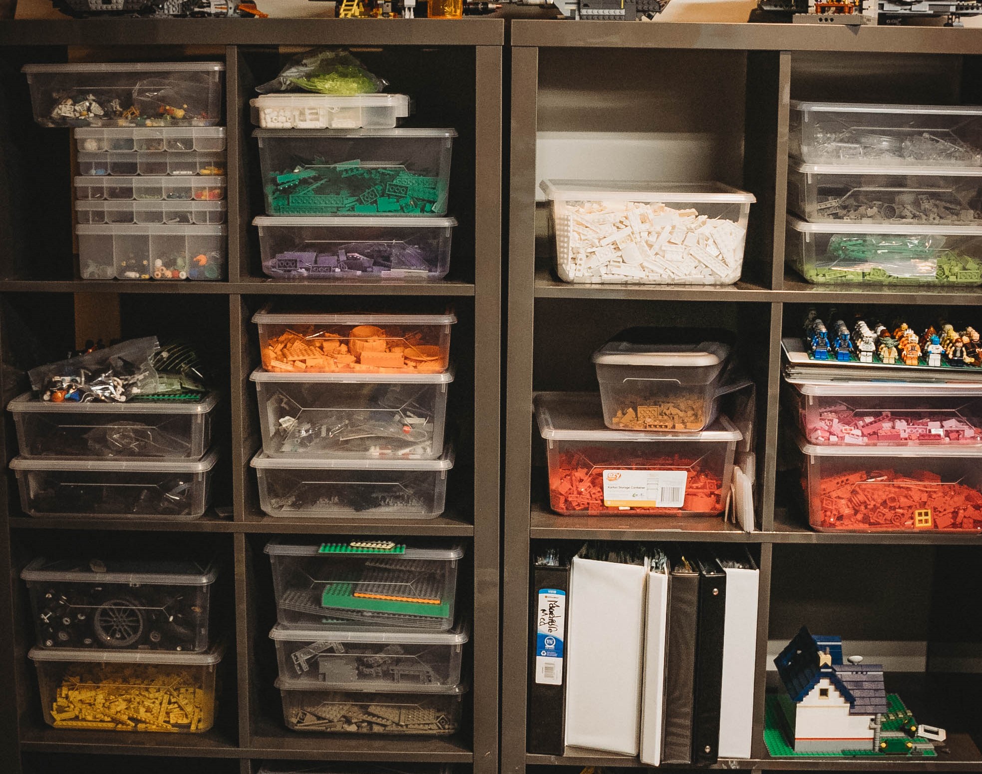 Kallax shelves with shallow containers